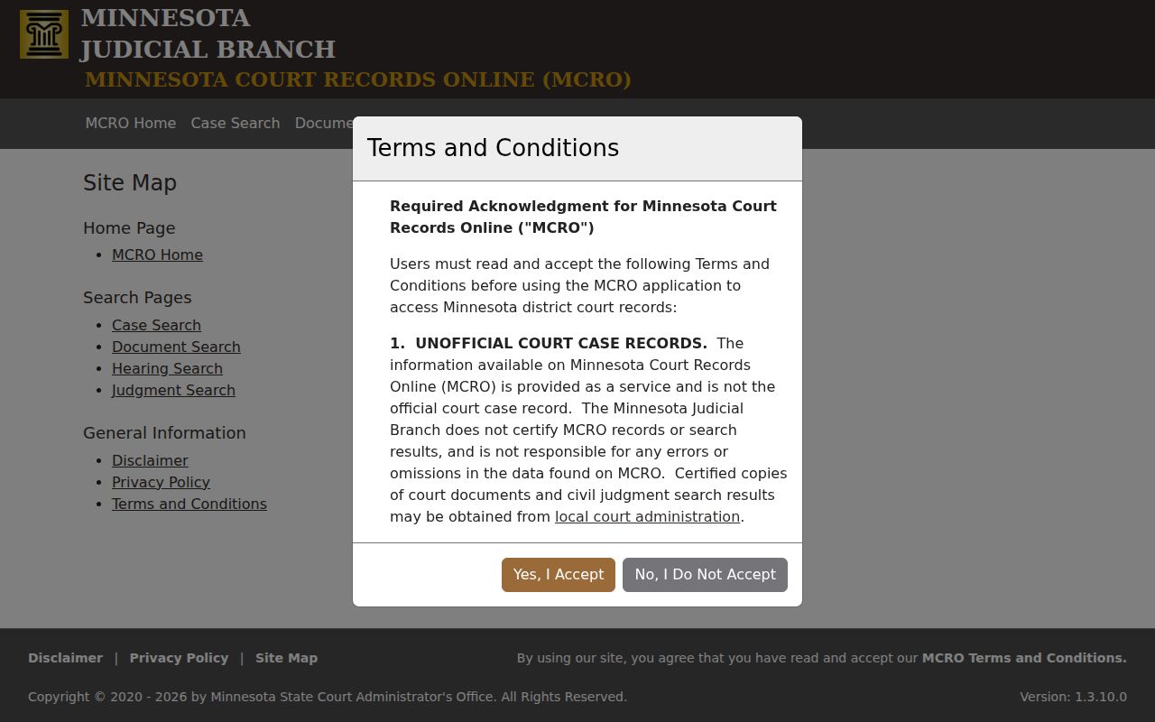 Meeker County case search MCRO site map showing public court-record search options