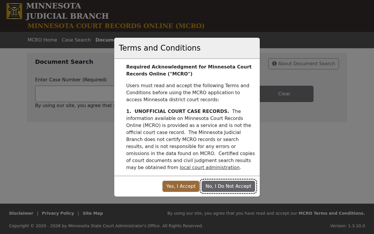 Meeker County civil docket MCRO Document Search interface