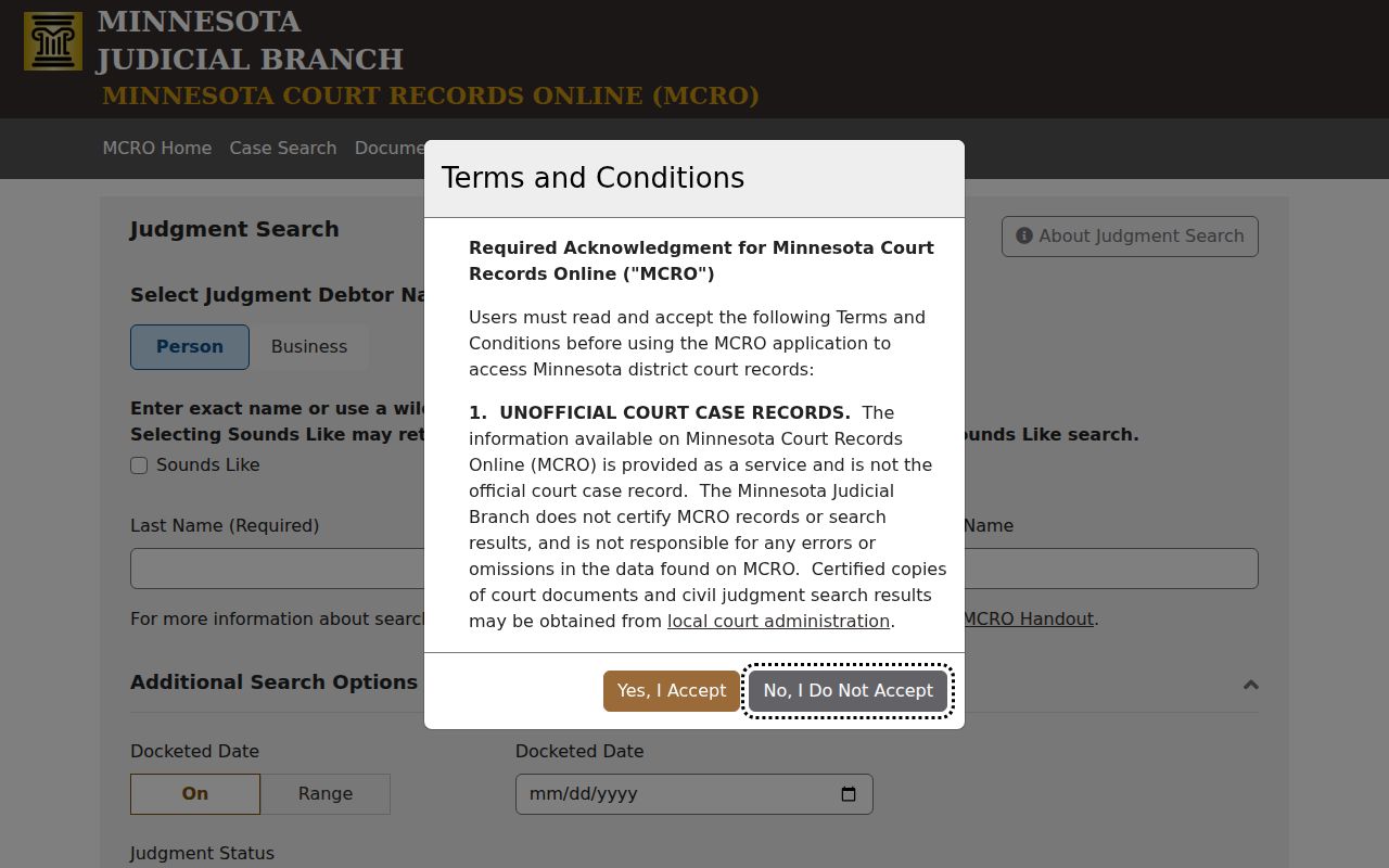 Meeker County civil docket MCRO Judgment Search interface
