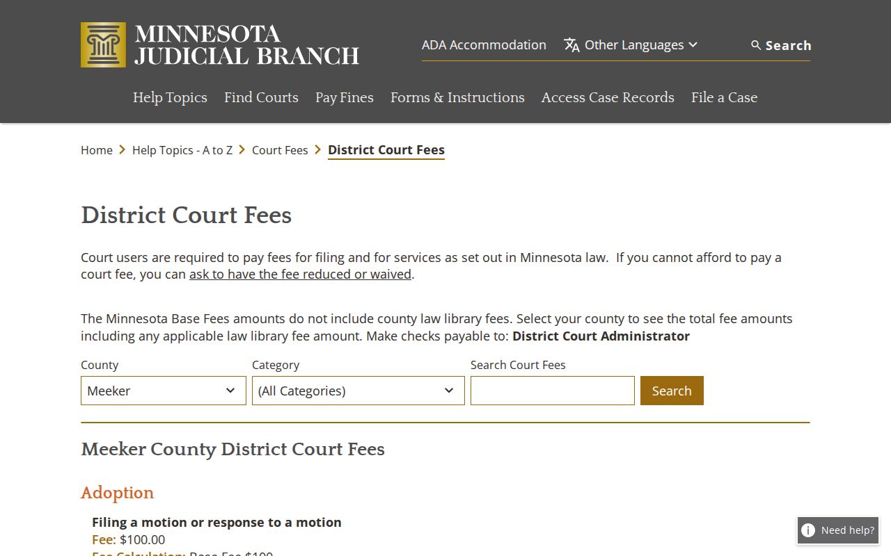 Meeker County civil docket District Court fee lookup