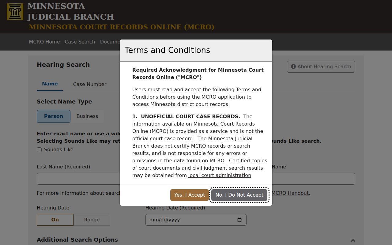 Meeker County court calendar MCRO Hearing Search interface