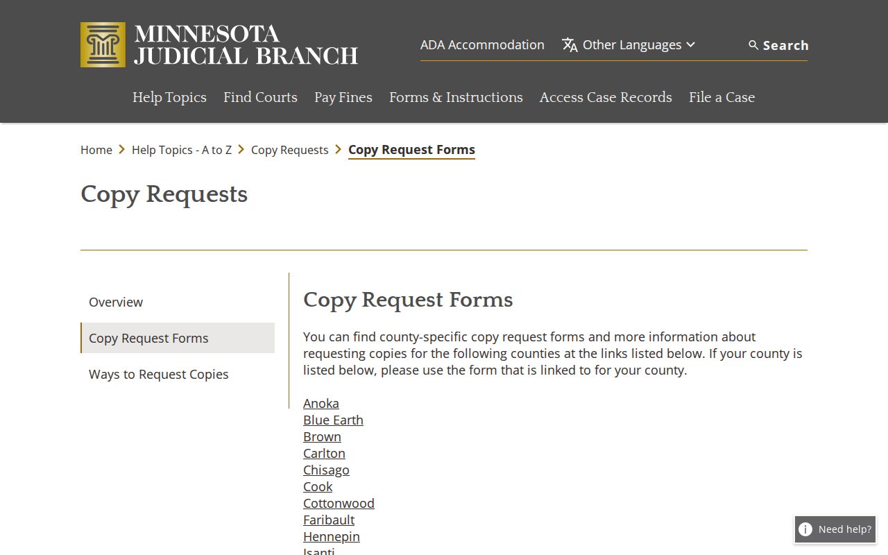 Meeker County court records copy-request forms index