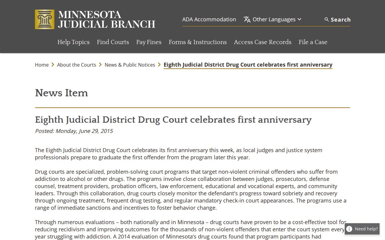 Meeker County criminal docket Eighth Judicial District Drug Court history