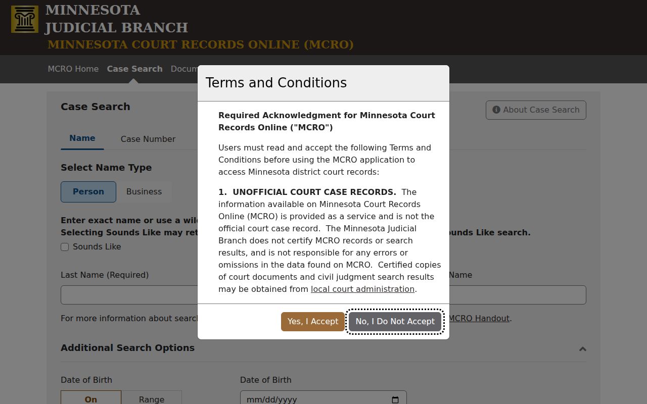Meeker County criminal docket MCRO Case Search interface